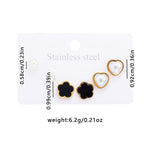 El Regalo Stainless Steel Stud Earrings Combo for Women & Girls | 18K Gold Plated Anti-Tarnish Cute Pearl, Black Flower, & Heart Western Earrings Set | Elegant Daily Wear Aesthetic Jewelry (Set of 3 Pairs)
