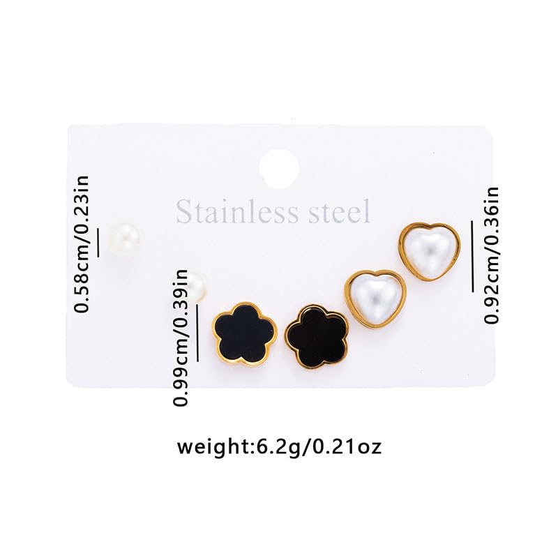 El Regalo Stainless Steel Stud Earrings Combo for Women & Girls | 18K Gold Plated Anti-Tarnish Cute Pearl, Black Flower, & Heart Western Earrings Set | Elegant Daily Wear Aesthetic Jewelry (Set of 3 Pairs)