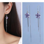 El Regalo 925 Silver Plated Flower Threader Earrings- Needle Threader Long Tassel Earrings for Girls & Women (Purple Flower)