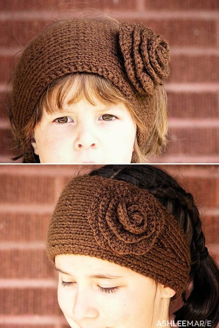 El Regalo 2 PCs Knitted Flower Warm Winter Woolen Headband with Buttons for Face Mask Cover | Cold Weather Hair Accessories Head Wrap | Winter Headbands for Girls & Women (Pack of 2) (White & Coffee)
