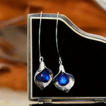 El Regalo Beautiful Orchid Blue Crystal Hook Western Earrings- Classic Long Threader Hook Leaf Dangle Statement Earrings