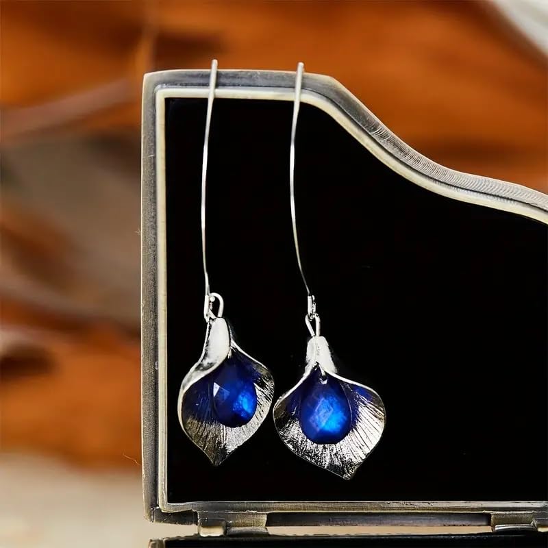 El Regalo Beautiful Orchid Blue Crystal Hook Western Earrings- Classic Long Threader Hook Leaf Dangle Statement Earrings
