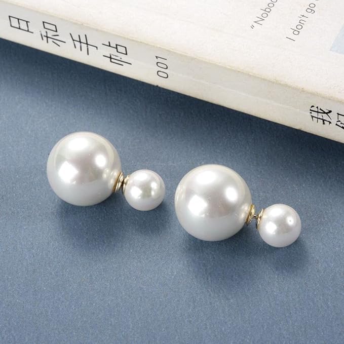 El Regalo 2 Pairs Pearls Earrings- Front & Back Double Sided Small & Big Simulated Pearl (White & Grey) Stud Earrings for Girls & Women