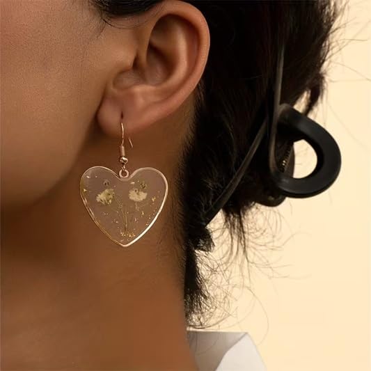 El Regalo Beautiful Transparent Heart Dried Flower Earrings for Women | Handmade Real Dried Floral Resin Dangle Earrings | Lightweight Bohemian Style Camellia Flower Earrings | Elegant Jewelry Gift (style-1)