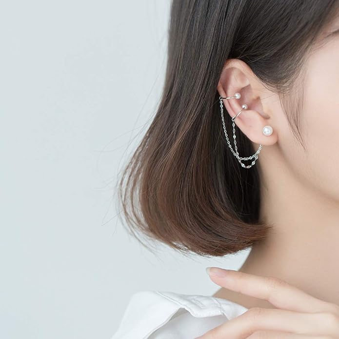 El Regalo Women's 1 Pair Pearl Studs Ear Cuff Earrings- Tassel Chain Imitation Pearl Punk Style Ear Cuff Clip Earrings