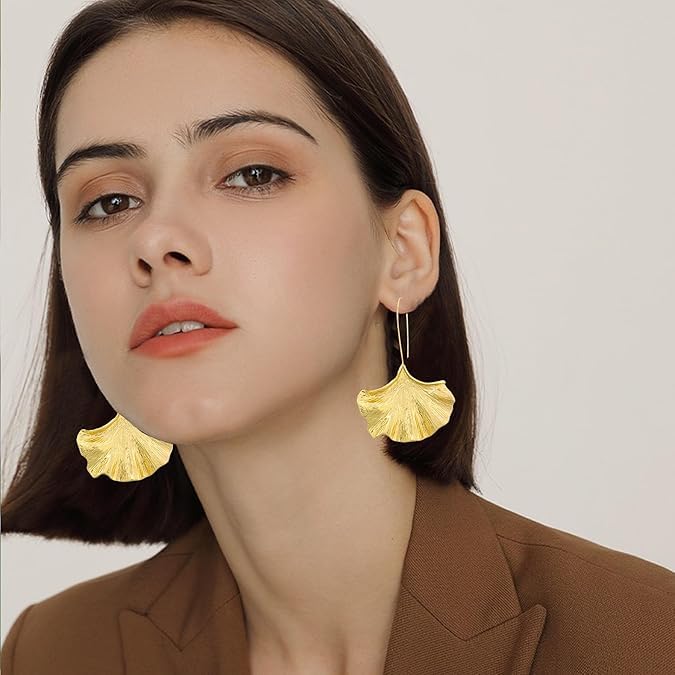 El Regalo Big & Bold Ginkgo Leaf Drop Dangle Earrings - Fashionable Fall Maple Leaf Boho Earrings for Women & Girls, Classy Statement Jewelry (Gold)