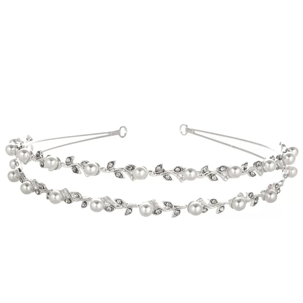 El Regalo Bridal Hair Accessory- Fancy Double-Layered Rhinestone & Pearl Vine Hairband for Girls & Women- Bridal, Bridesmaids HairBand (Silver)