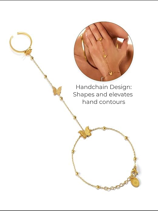 El Regalo 1PC Stainless Steel Non-Tarnish Hand Chain Bracelet with Finger Ring | Elegant & Trendy Adjustable Golden Bracelet for Women & Girls (Butterfly)