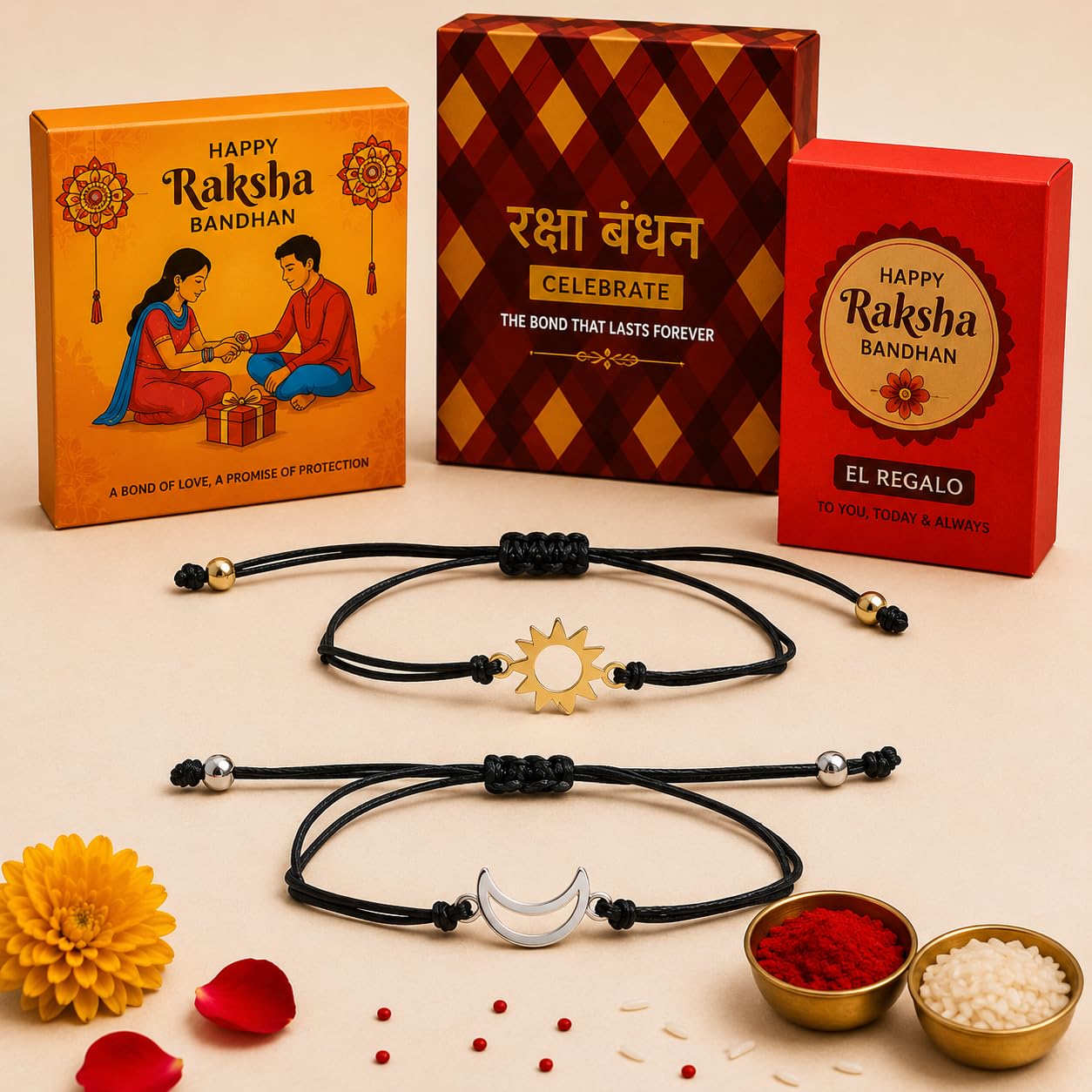 El Regalo 2PCs Sun Moon Adjustable Rakhis for Brother- Simple & Elegant 2 Rakhis with Roli Chawal, Message Card in Rakhi Box for Bhaiya-bhabhi