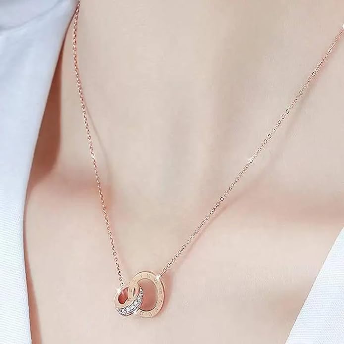 El Regalo Crystal Roman Numeral Stainless Steel Necklace & Earrings Jewelry Set For Girls & Women- Anti tarnish, Waterproof Double Ring Infinity Love Jewelry