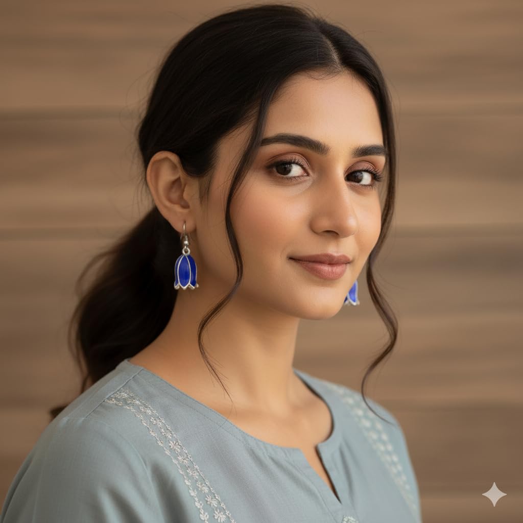 El Regalo Blue Enamel Tulip Flower Earrings for Women & Girls - Cute and Fancy Hyacinth Dangle & Double-Drop Hook Earrings (Single Flower)