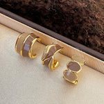El Regalo 3 Pairs Fashion Maillard Drip Glaze Half Hoop Stud Earrings Combo for Girls & Women - Elegant Gold Plated Modern Enamel Small Hoop Earrings Set (Beige Brown Tones)