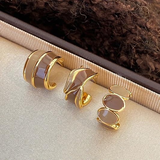 El Regalo 3 Pairs Fashion Maillard Drip Glaze Half Hoop Stud Earrings Combo for Girls & Women - Elegant Gold Plated Modern Enamel Small Hoop Earrings Set (Beige Brown Tones)