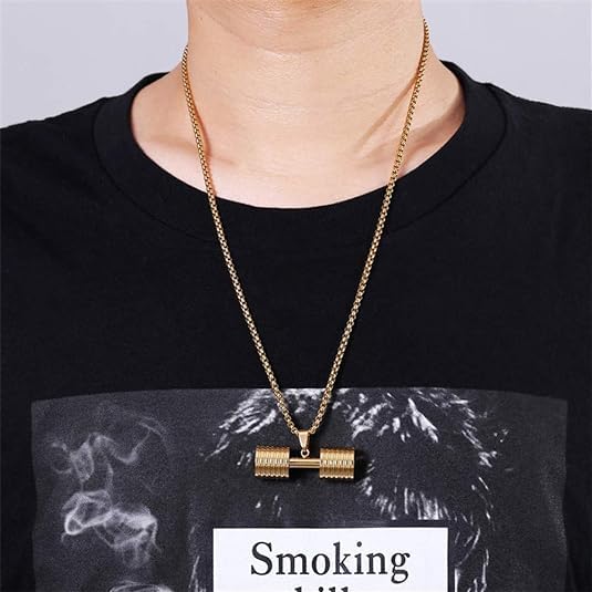 El Regalo Stainless Steel Gym Fitness Dumbbell Pendant Necklace for Boys/Men- Go Fit Motivational Fitness Sports Jewelry for Gym Lovers (Gold)