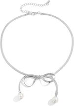 El Regalo Stainless Steel Bow Tie Pearl Necklace- Anti Tarnish, Waterproof, Minimalist, Statement Bow Choker Ribbon Necklace for Girls & Women (Bow Tie Pearl Tassel)