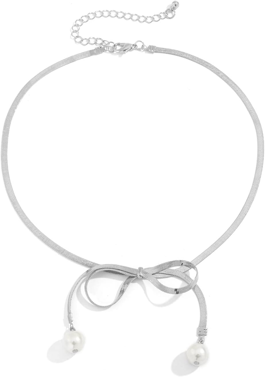 El Regalo Stainless Steel Bow Tie Pearl Necklace- Anti Tarnish, Waterproof, Minimalist, Statement Bow Choker Ribbon Necklace for Girls & Women (Bow Tie Pearl Tassel)