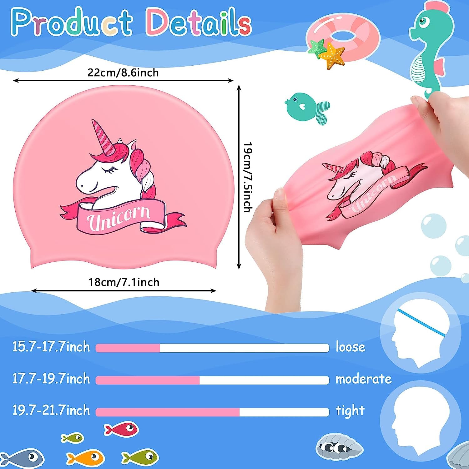 El Regalo 2 PCs Kids Swimming Caps Set- Silicone Swimming Hat for Girls Boys Waterproof Bathing Caps for Long & Short Hair with Unicorn, Astronaut, Heart, Fairy Mermaid (Pink & Blue Unicron)
