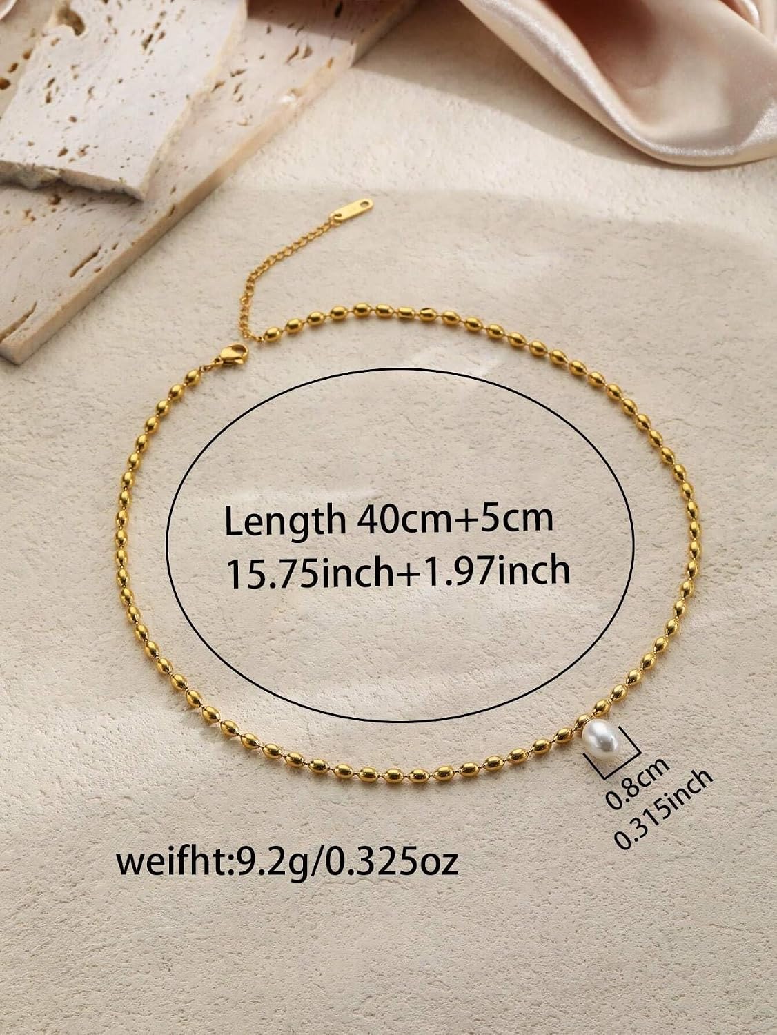 El Regalo Elegant Warterproof 18K Gold Plated Pearl Dainty Ball Bead Chain Necklace - Stainless Steel Anti-Tarnish Jewelry for Women, Girls (Ball Beads Drop Pearl Chain)