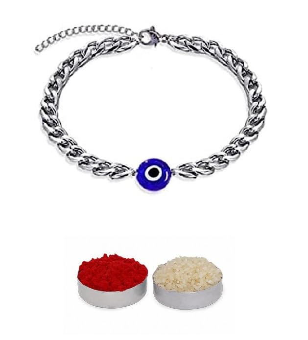 El Regalo Unisex-Adult 1Pc Cz Evil Eye Stainless Steel Rakhi For Brother - Anti Tarnish/No Rust/Waterproof Evil Eye Designer Rakhi With Roli Chawal, Message Card In Gift Box (Option-2)