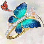 El Regalo Green-Blue Iridescent Enamel Butterfly Ring for Women & Girls - Gold Plated Adjustable Finger Ring with Sparkling CZ Accent