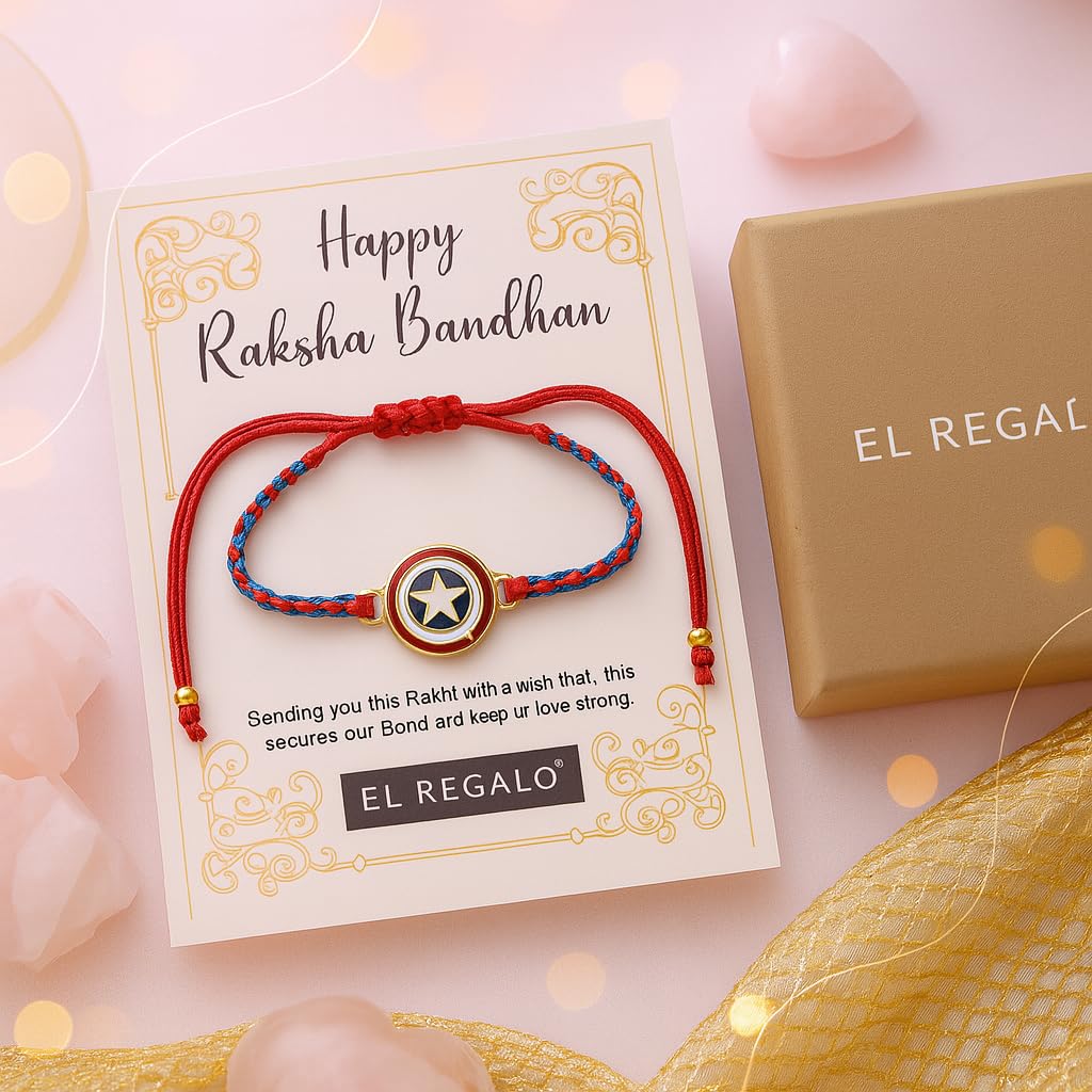 El Regalo Cute Rakhi for Brothers- Avenger, Bro, Om, Evil Eye & More | Handcrafted with Card, Roli Chawal & Rakshabandhan Box | Raksha Bandhan Bracelets for Kids, Brothers, Adults (Avenger Rakhi)