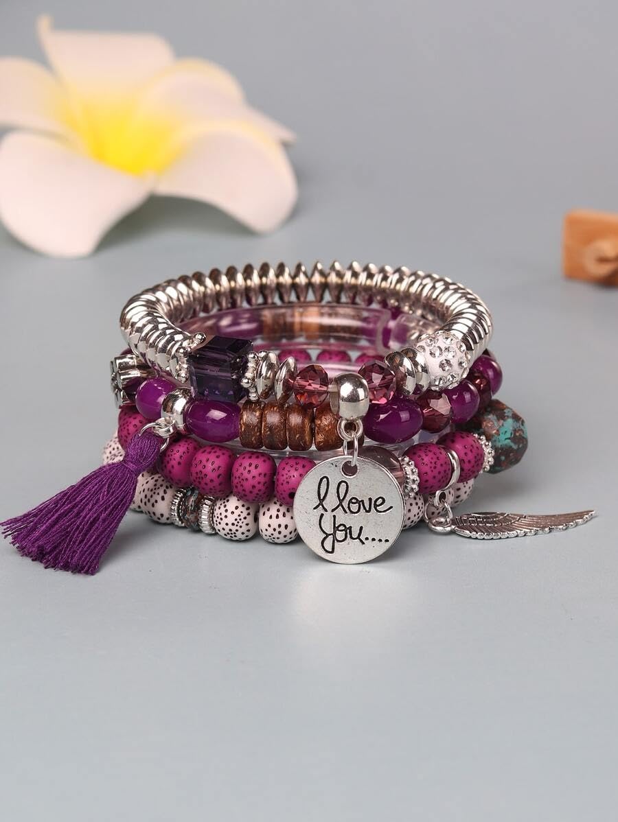 El Regalo 4Pcs/Set Vintage Bohemia Style Wing Beads Tassel Unisex Bracelet - Stackable Multi-layer Modern Charm Bracelets with Wings and I Love You Charms Bracelets (Wine)