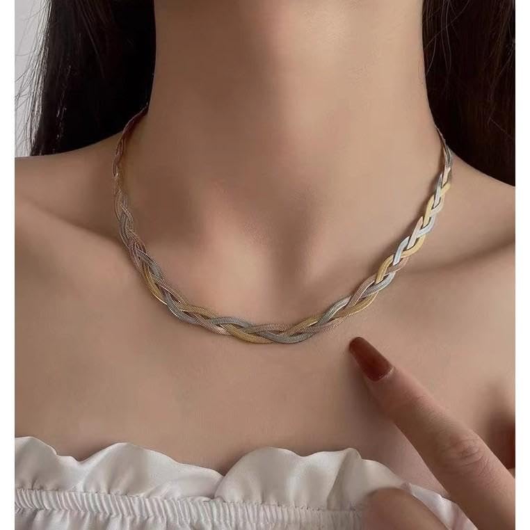 El Regalo Western Tri-Color Stainless Steel Braided Woven Collor Chain Necklace for Girls & Women- Anti Tarnish, Contemporary Necklace