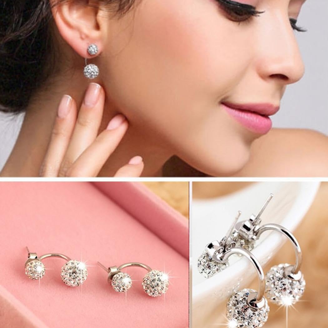 El Regalo CZ Double Disco Balls Front Back 2-in-1 Stud Earrings for Girls & Women - Shambhala Rhinestone Ball Jacket Earrings - Sparkling Cubic Zirconia Studs with Elegant Dual-Wear Design