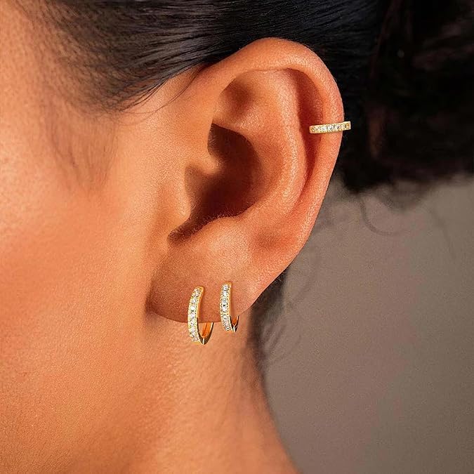 El Regalo 3 Pairs Dainty 14K Gold Plated Huggie Hoop Earrings - Small CZ Hoop Earrings Set (8mm, 10mm, 12mm) for Women & Girls, Cartilage & Tragus Earrings
