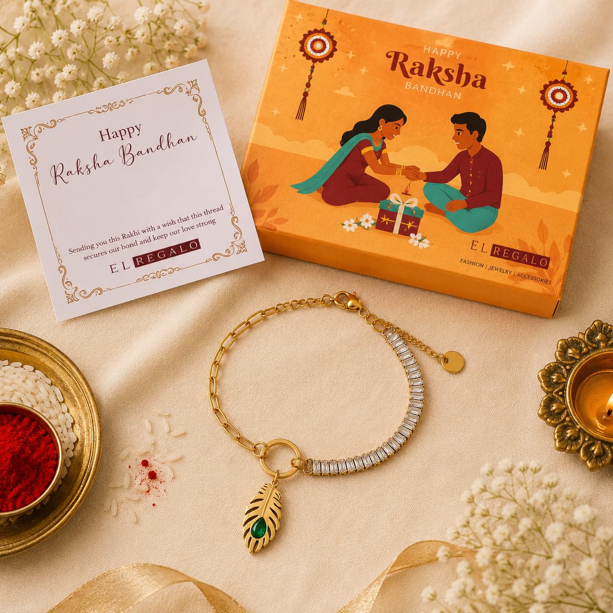 El Regalo 1PC Luxury Krishna Feather Tannis Bracelet Rakhi for Brother or Bhabhi- Elegant Feather CZ Rakhi with Roli Chawal, Message Card in Rakshabandhan Box