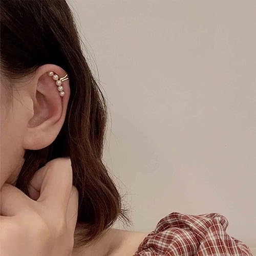 El Regalo 2PCs Tiny Pearl Cuff Cartilage Non-Pierced Clip On Earrings for Girls & Women- Vintage Pearl Clip Earrings (1 Silver+ 1 Golden)