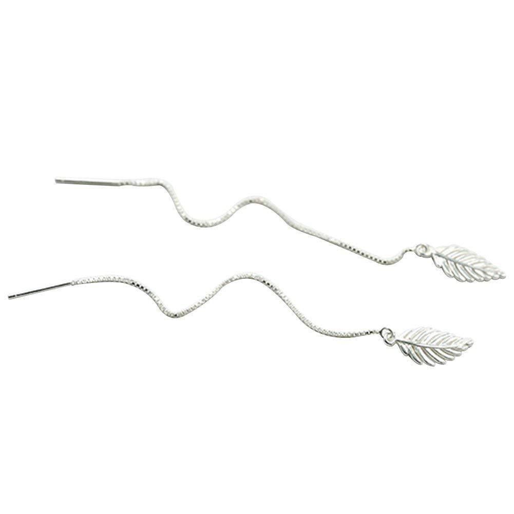 El Regalo 925 Silver Plated Minimalist Long Thin Linear CZ Elegant Threader Dangle Chain Earrings for Girls & Women (Leaves Threaders)