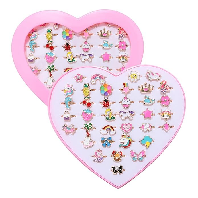 El Regalo 36 Pcs Adjustable Enamel Kids Rings - Unicorn, Rainbow, Strawberry, Flowers & More | No-Duplicate Dress-Up Jewelry Box for 4-12 Year Old Girls - Birthday, Christmas, Valentines