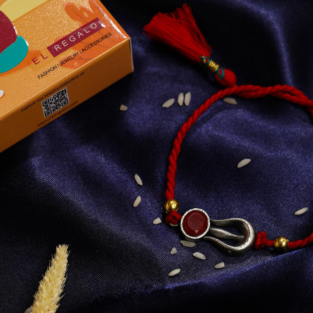 El Regalo Auspicious Shiva Trishool Red Stone Designer Thread Rakhi for Brother- Antique Trident Rakhi with Roli Chawal Shagun, Message Card in Rakshabandhan Gift Box