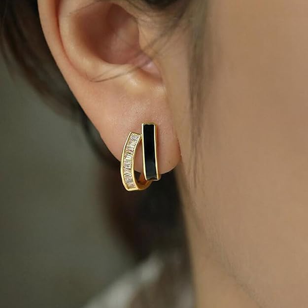 El Regalo Double Row C-Hoop Earrings for Women & Girls | Hypoallergenic Geometric Studs | Cubic Zirconia & Enamel/Shell Inlay | Elegant Daily, Office & Party Earrings Jewellery (Black)