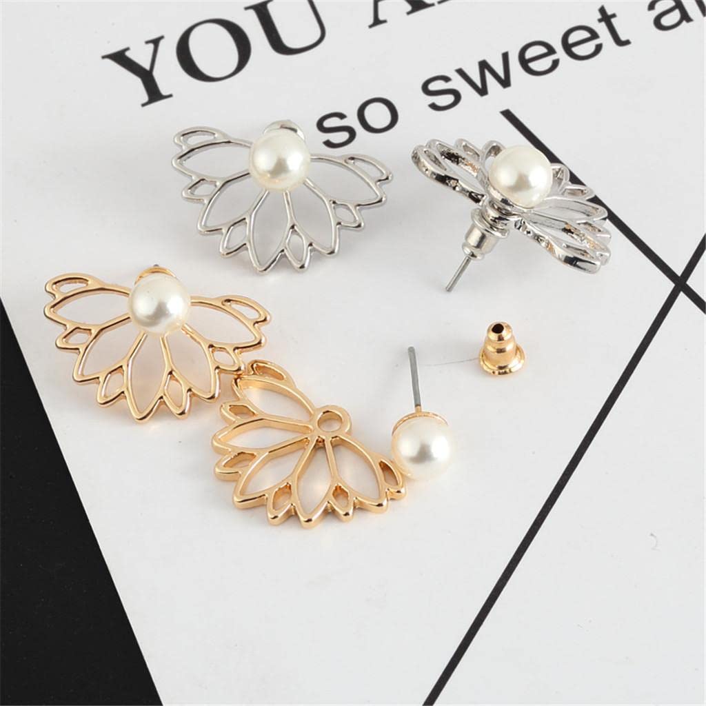 El Regalo Lotus Flower Pearl Ear Jacket Earrings for Women & Girls - Front Back Double-Sided Hollow Lotus Flower Stud Earrings - Elegant Ear Cuffs with Pearl Design - 2 Wearing Styles (Gold)