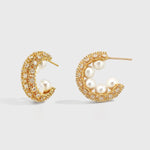El Regalo Luxury Pearl & Zircon C Half Hoop Earrings for Women - 14K Gold Plated Pave Crystal Studs | Elegant Party Jewellery | Ideal Gift for Anniversary, Wedding & Birthdays (Gold)