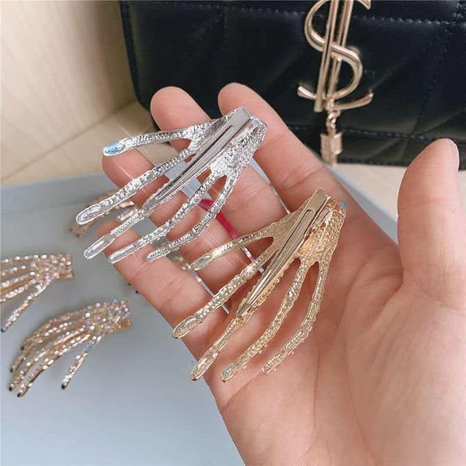 El Regalo 2PCs CZ Halloween Skeleton Hair Clips- Rhinestone Zombie Punk Rock Hand Hair Clip- Alligator Claws Barettes Clips- Halloween Costume/Accessories for Girls/Women (1 Gold 1 Silver)