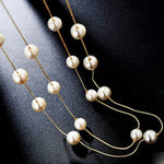 El Regalo Layered Faux Pearl Long Necklace for Women & Girls - Bohemian Chic Statement Jewelry | Simulated Pearls & Brass Snake Chain | Double Strand Sweater Necklace for Elegant Occasions (Gold)