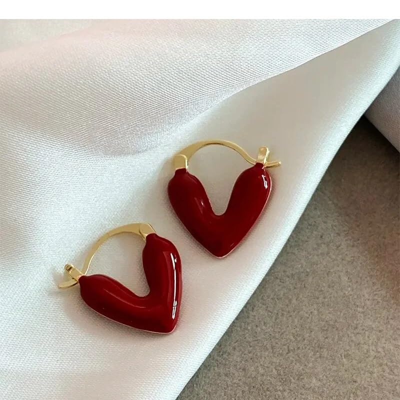El Regalo 1Pair Love Heart Hoop Earrings- Small Oil Dripping Gold Plated Heart Earrings for Girls & Women Hoop (Dark Red)