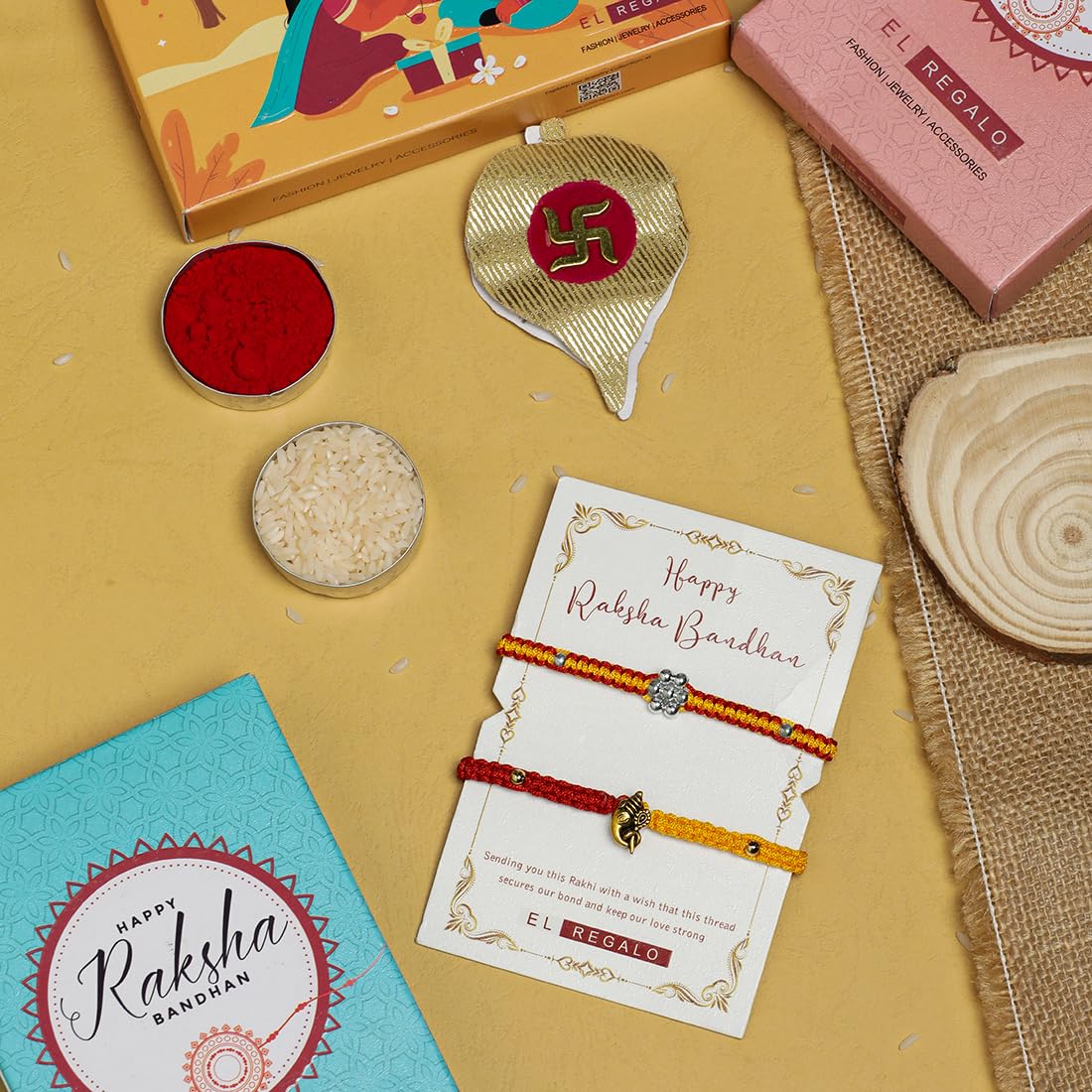 El Regalo 2 Hamsa Hand Evil Eye OM Rakhi Combo - Rakshabandhan Moli Charms Rakhi with Message Card & Roli Chawal Shagun in Rakhi Box for Bhaiya/Babhi/Bhatija/Bhatiji (Option-2)