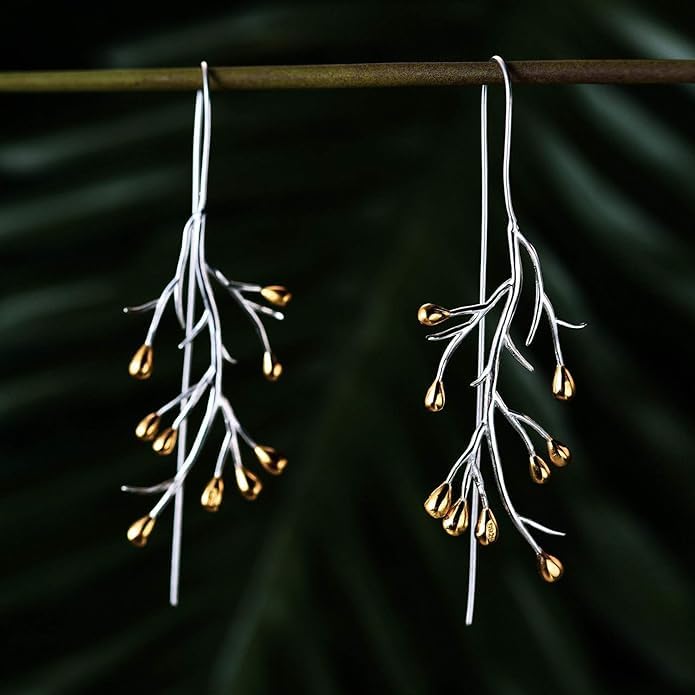 El Regalo 1 Pair Uniquely Handcrafted Tree Branch Dangle Earring for Women/Girls- Dual Tone Gold & Silver Statement Earrings with Blossoming Golden Buds