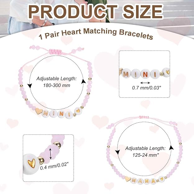 El Regalo Mother Daughter Matching Bracelet Set for 2 | Mama Mini Bead Bracelets | Mommy and Me Adjustable Heart Bracelet Set | Pink Crystal Beaded Mom-Daughter Bracelet for Women Girls (Mini-Mama)