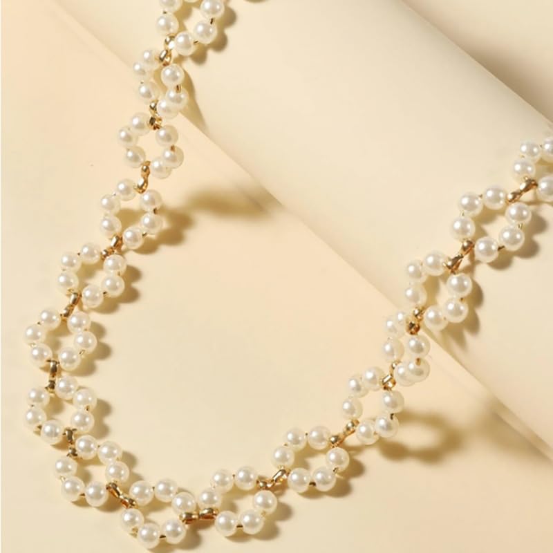 El Regalo Pearls Flowers Choker Necklace- Elegant Faux Pearls, Round Hollow Design Temperament Flower Choker Necklace for Girls & Women