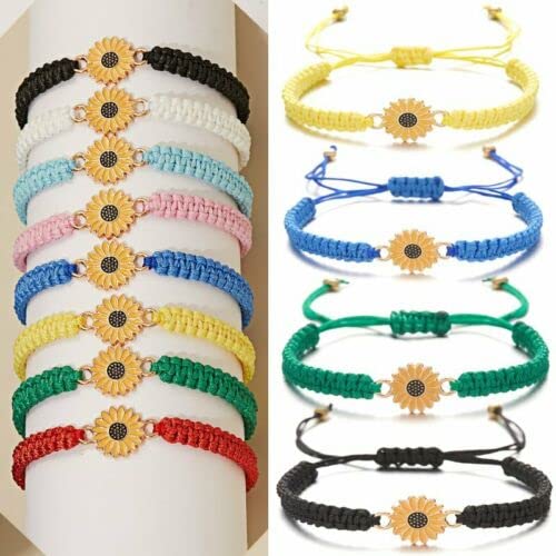 El Regalo 2 PCs Sunflower Daisy Bracelet - Adjustable Sunflower Bracelets for Best Friends/Besties - Sunflower Pinky Promise Bracelets for Kids Girls/Teens/Women (Black & White Sunflower Bracelet)