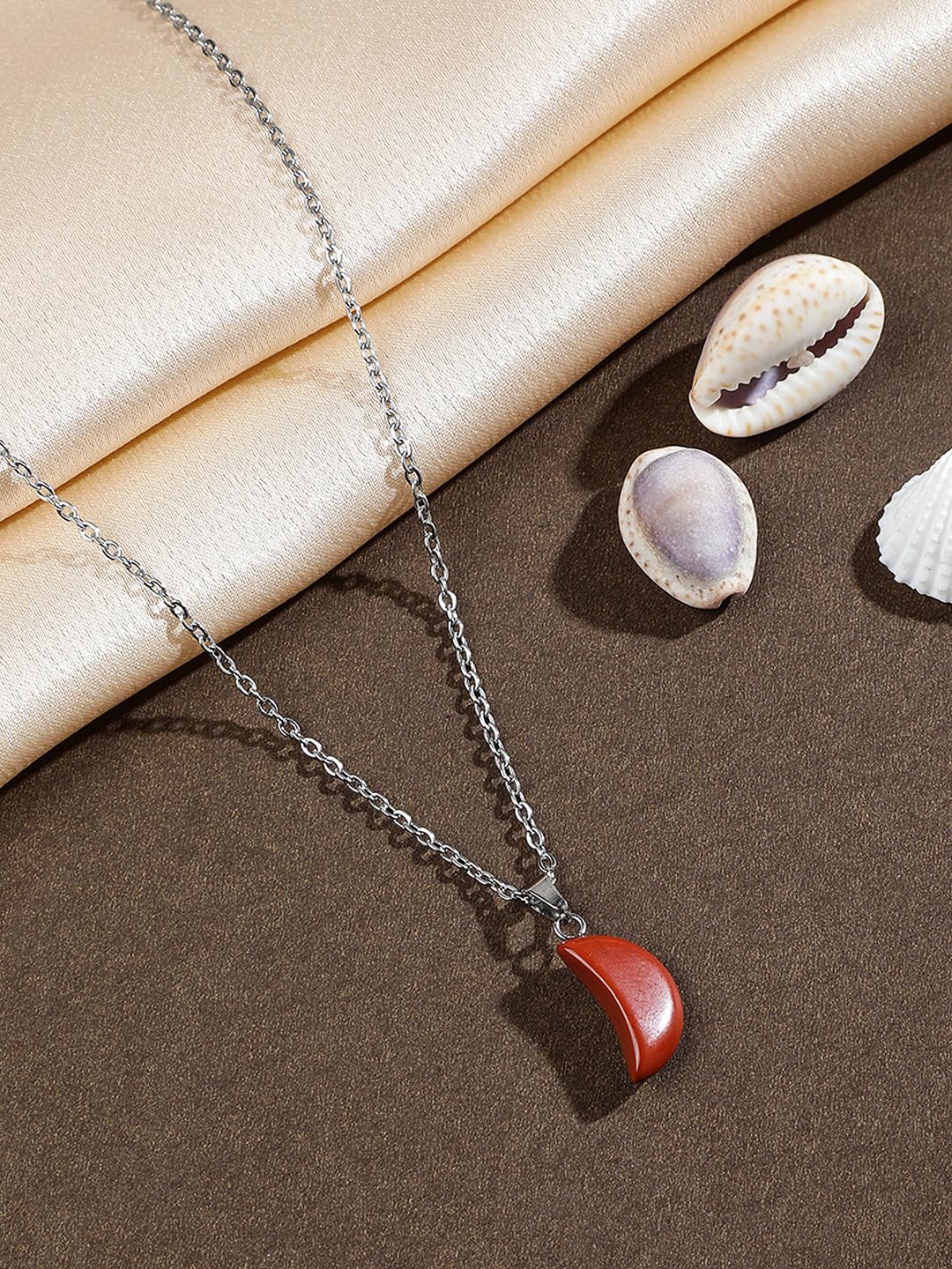 El Regalo Beautiful Agate Crescent Moon Pendant Necklace with Stainless Steel Chain for Girls & Women (Brick Red Moon)