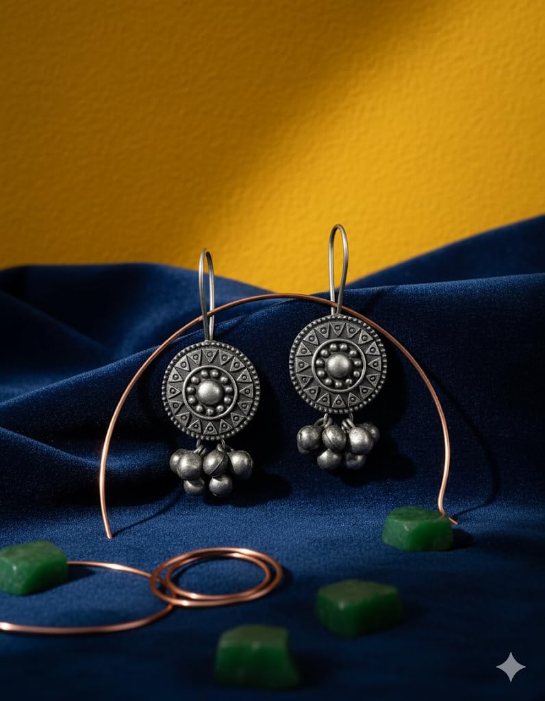 El Regalo Silver Lookalike Brass Oxidized Hook Earrings with Ghungroo for Women/Girls- Ethnic Traditional Earrings