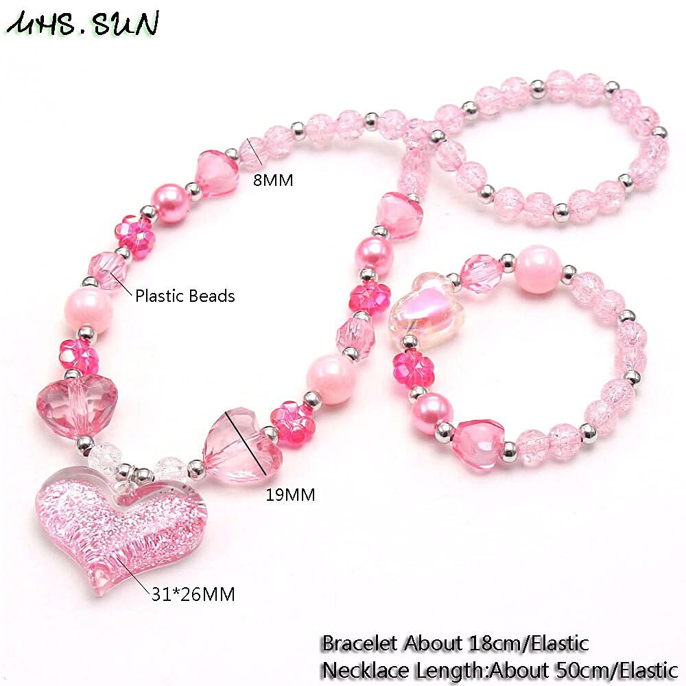 El Regalo Girls Kids Glittery Pink Heart Beads Princess Necklace & Bracelet Jewelry Sets- Acrylic Heart Beads Princess Necklace Bracelet Jewelry Set for Toddlers Girls Kids