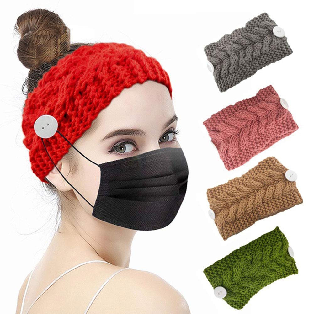 El Regalo 1PC Unisex Knitted Winter Twist Warm Wool Headband with Buttons for Face Mask Cover, Winter Designer Headbands for Unisex (Red)