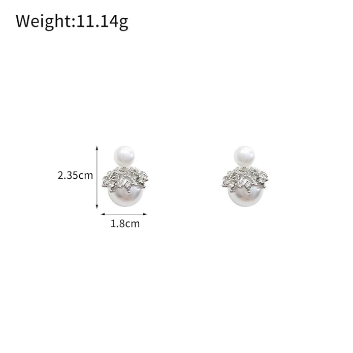 El Regalo Beautiful Double Sided Pearl Earrings for Women - Elegant Crown Rhinestone Front Back Studs | Korean Style Moti Earrings (Silver White)